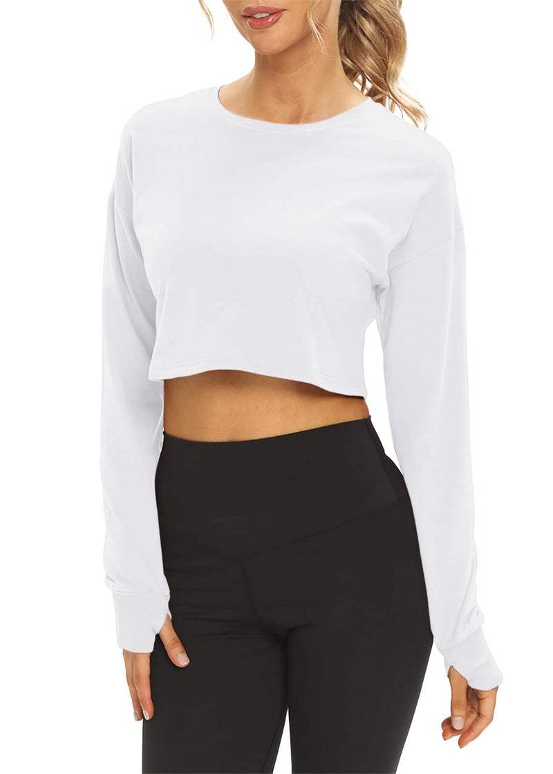 Mippo Long Sleeve Crop Top Workout Shirts Athletic Gym Active Wear Loose Cropped Sweaters Oversized Tshirts White S - Image 5